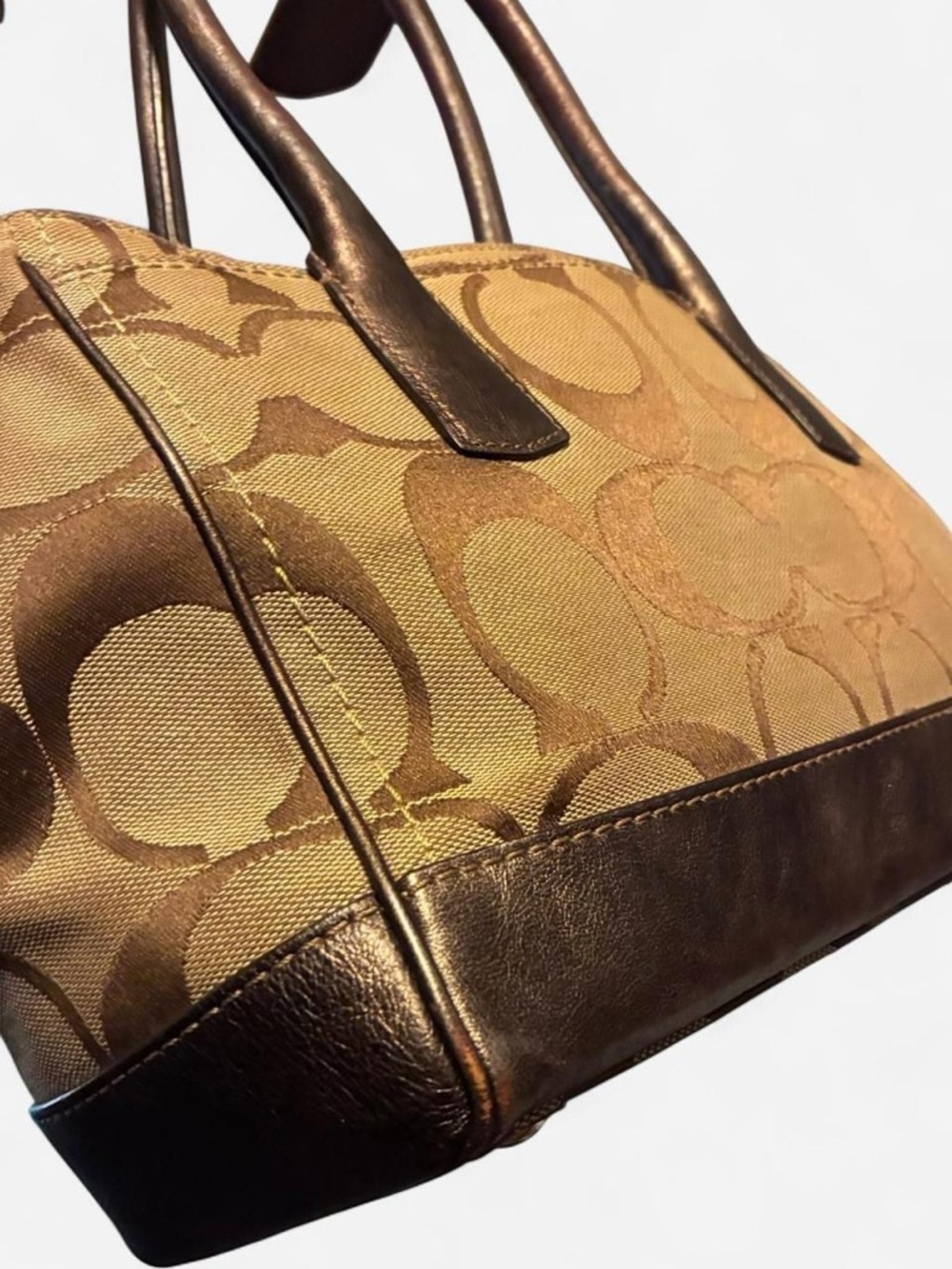 Coach Brown Signature Jacquard Canvas Tote with Metallic Brown Trim & turn lock - Picture 6 of 11